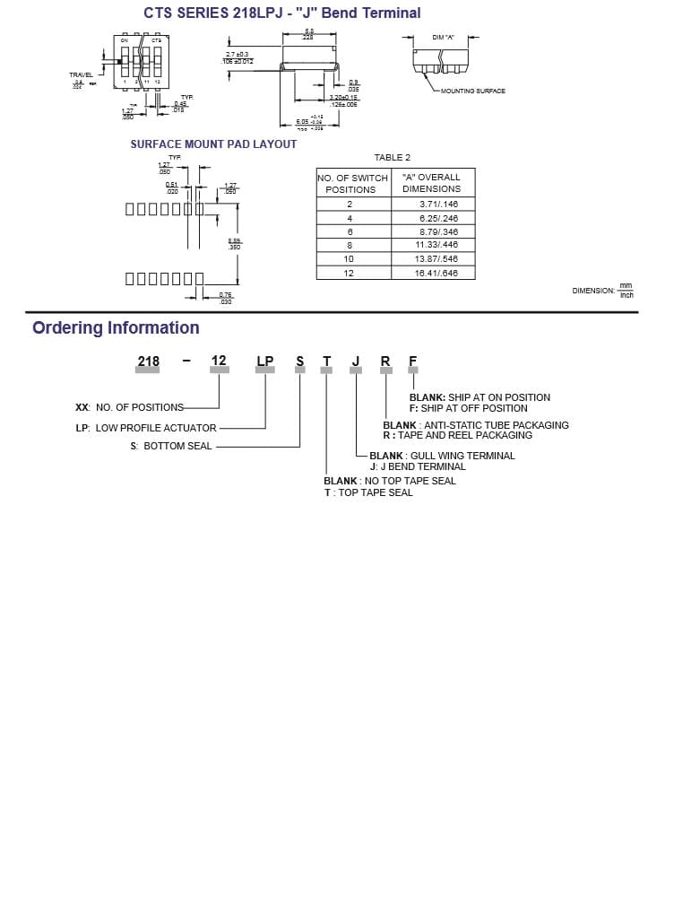 CTS Half Pitch Dip Switch 218 Series
