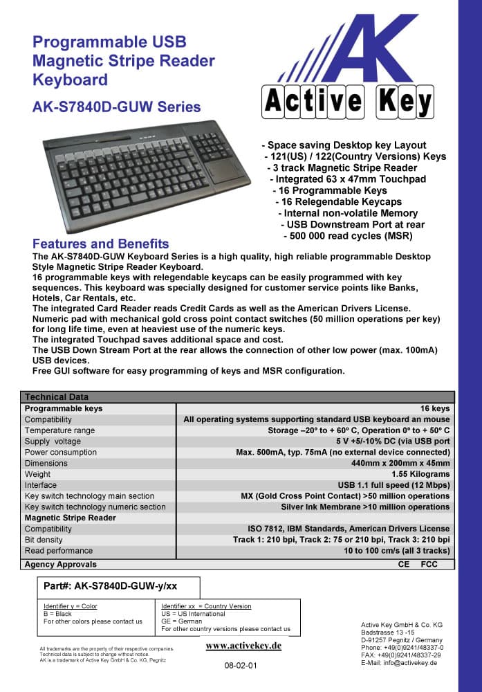 Active Key AK-S7840D-G Programmable USB Magnetic Stripe Reader Keyboard