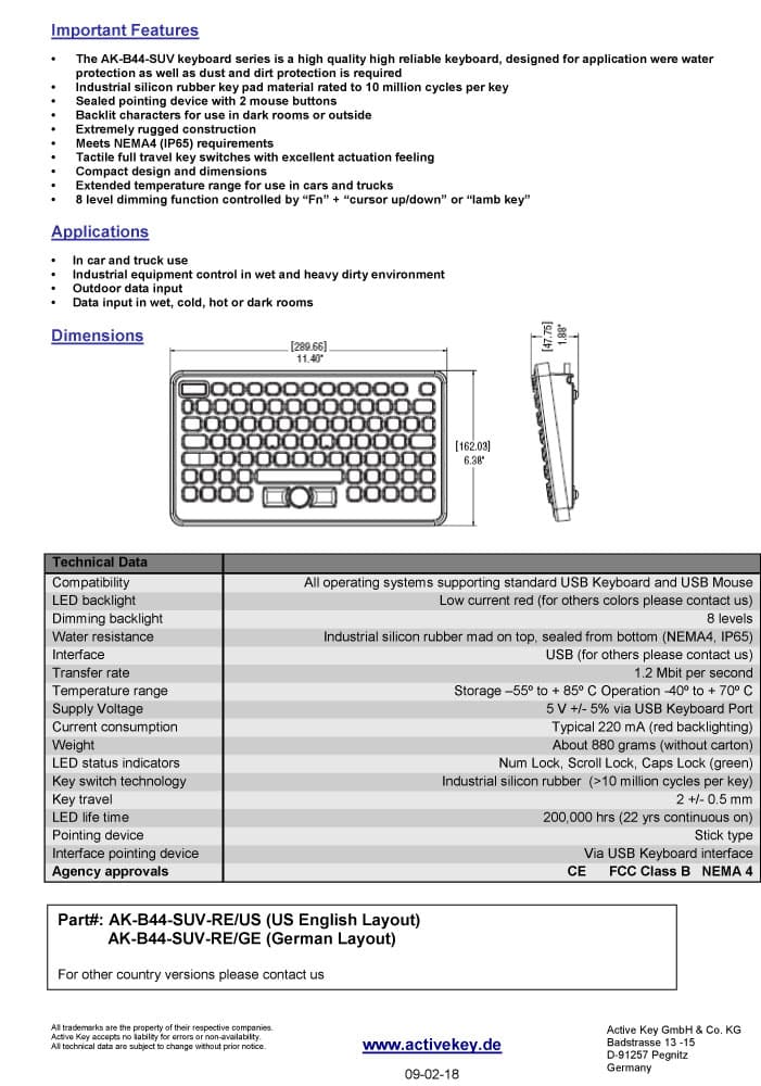 Active Key NEMA4 Waterproof Backlit Keyboard