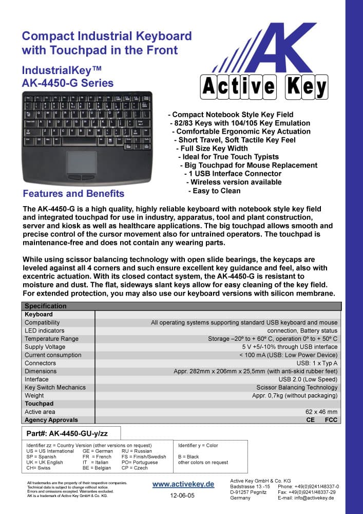 Active Key AK-4450-G Compact Industrial Keyboard with Touchpad