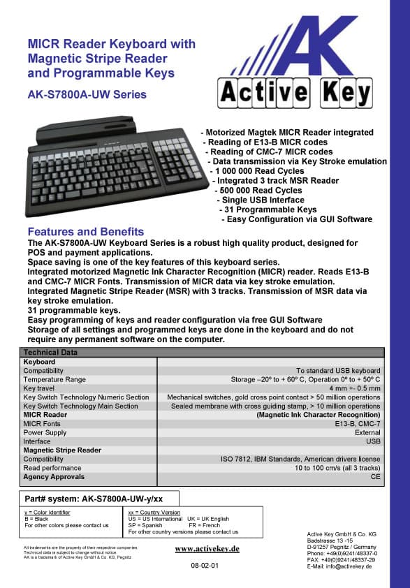 Active Key AK-S7800A MICR Reader Keyboard with Magnetic Stripe Reader and Programmable Keys