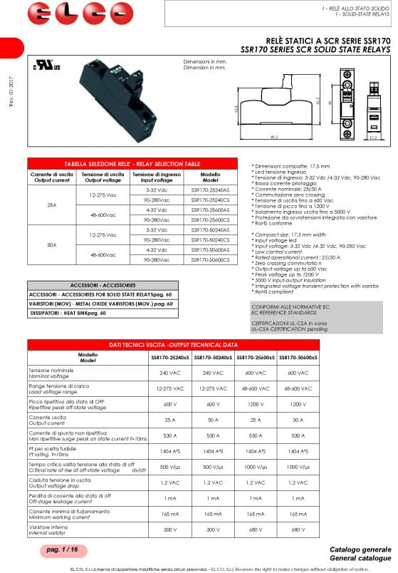 Elco Phase Angle Control, Solid State Relays - SSR170 Series