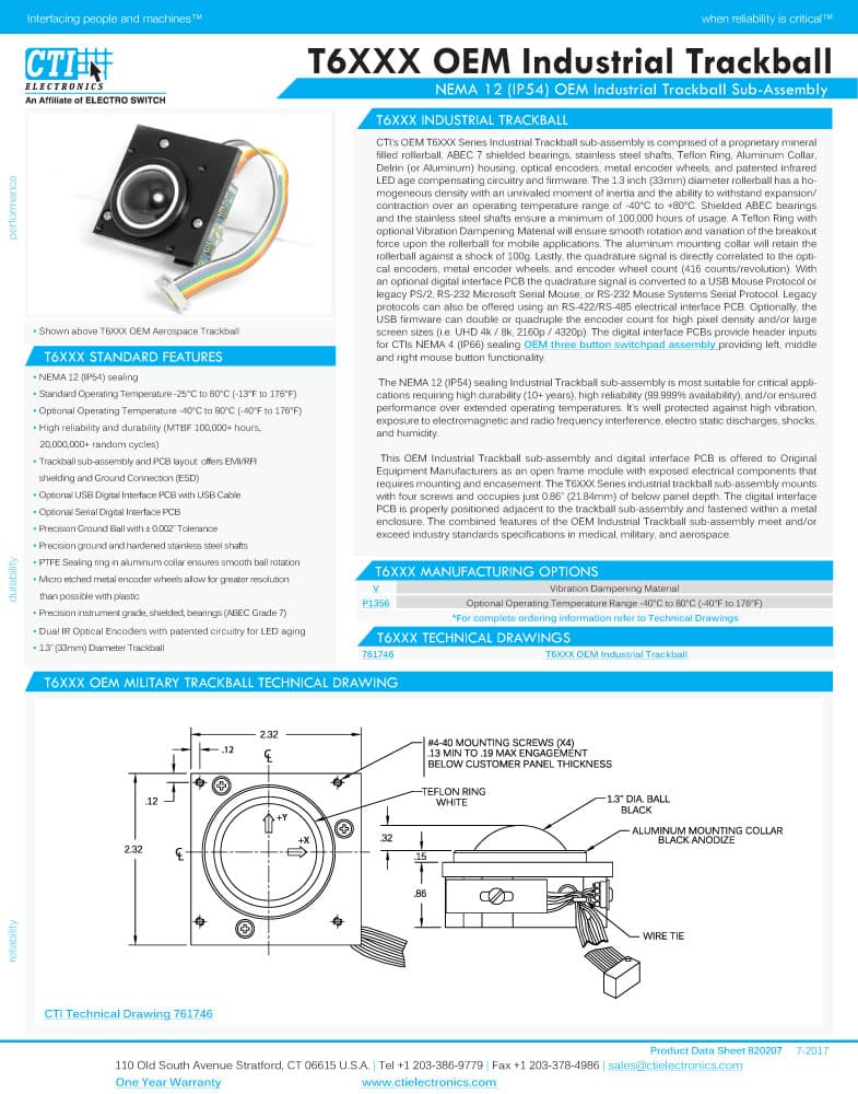 CTI OEM Industrial Trackballs - T6XXX Series