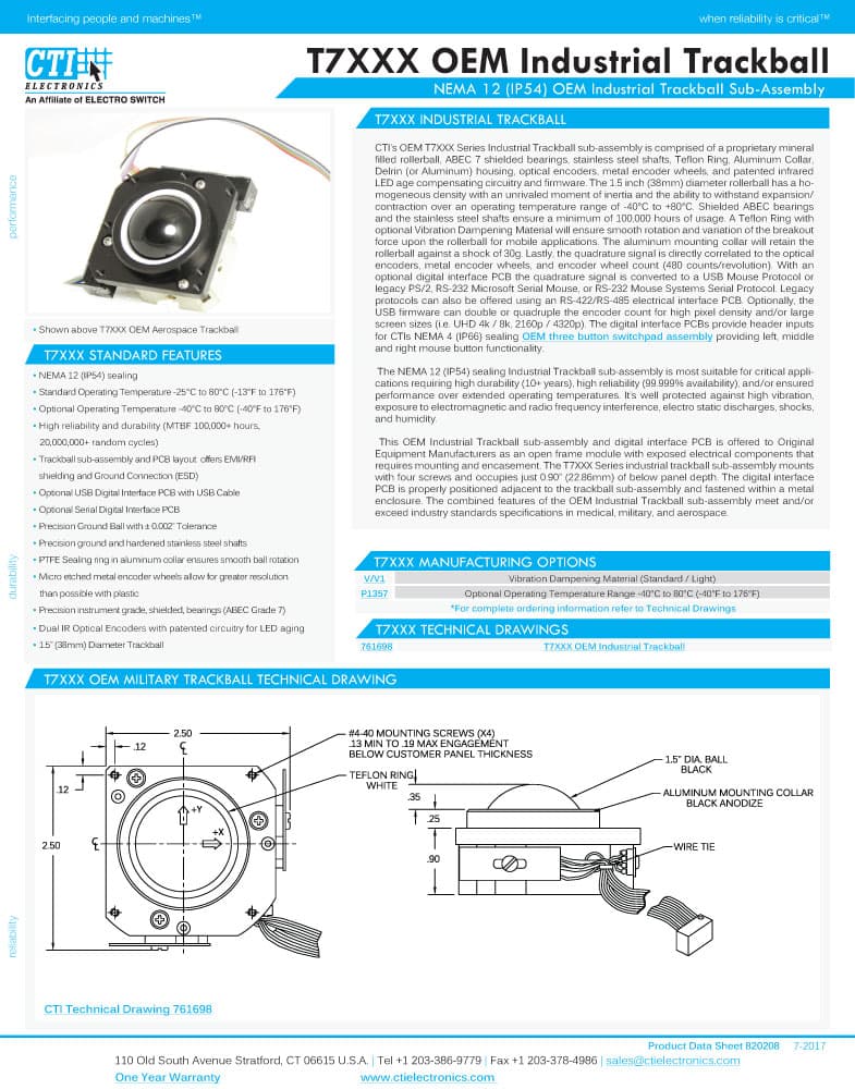 CTI OEM Industrial Trackballs - T7XXX Series